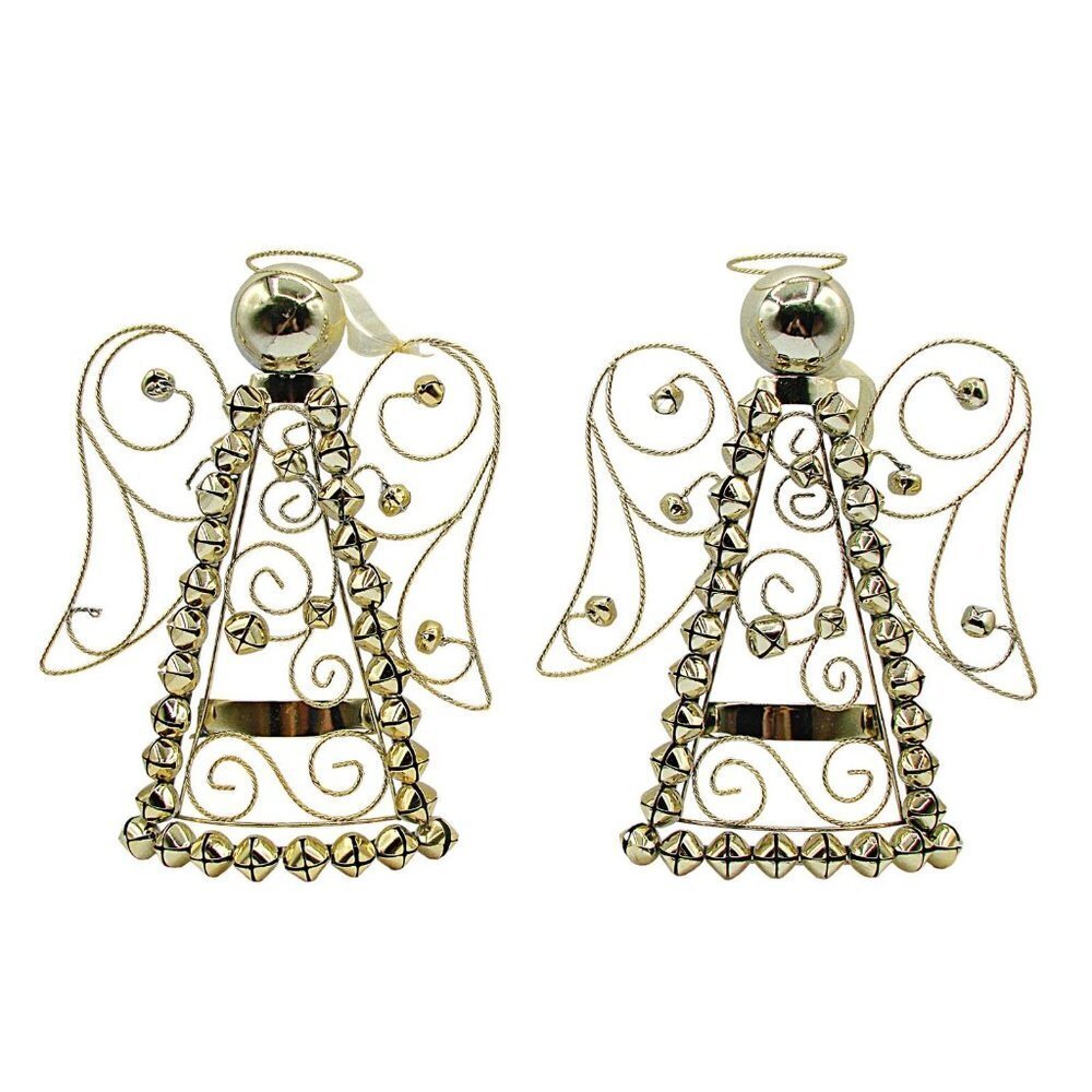 Vintage Angel Decor Set 2 Wire Bells Gold Toned Holiday Decorative Hanging 12x9"